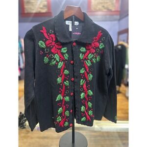 ARRIVISTE Black Embroidered holly bow Christmas Holiday Cardigan Sweater Women S